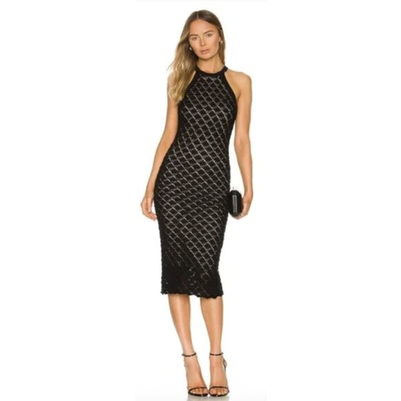 ALICE + OLIVIA Lulu Halter Neck Midi Dress in Black Crochet Evening Cocktail L - Picture 1 of 15